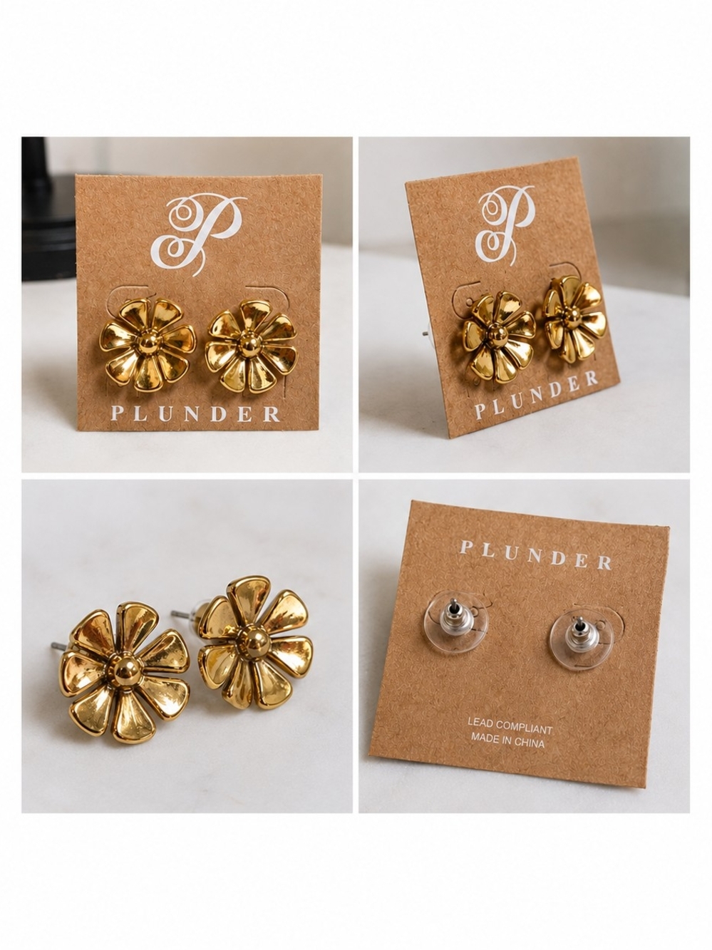 Plunder Gold Tone Floral Stud Earrings